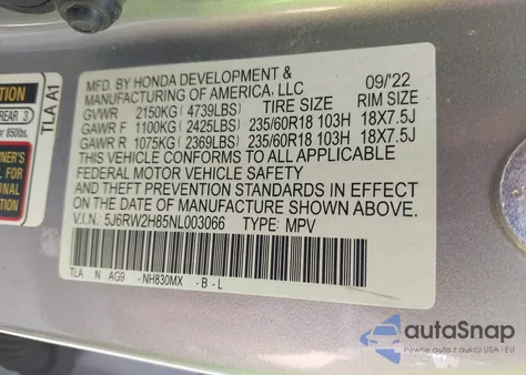 2022 Honda Cr-V Awd Ex-L z USA, uszkodzony, nr VIN 5J6RW2H85NL003066